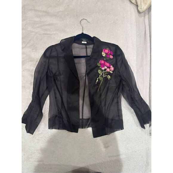 BCBG MAXAZRIA SIZE XS black womens sheer top blouse long sleeve with flower desi - Picture 1 of 6